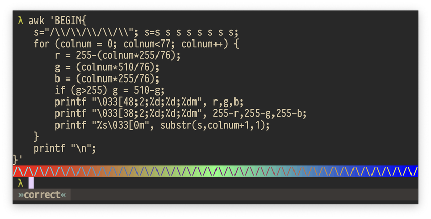 Screenshot of a bash terminal displaying a correct output of a color test script. The spectrum of colors smoothly transitions from one to another as expected.