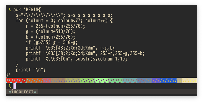 Screenshot of a bash terminal displaying an incorrect output of a color test script. The spectrum of colors appears blocky when it is expected to see a smooth gradient from one color to another.